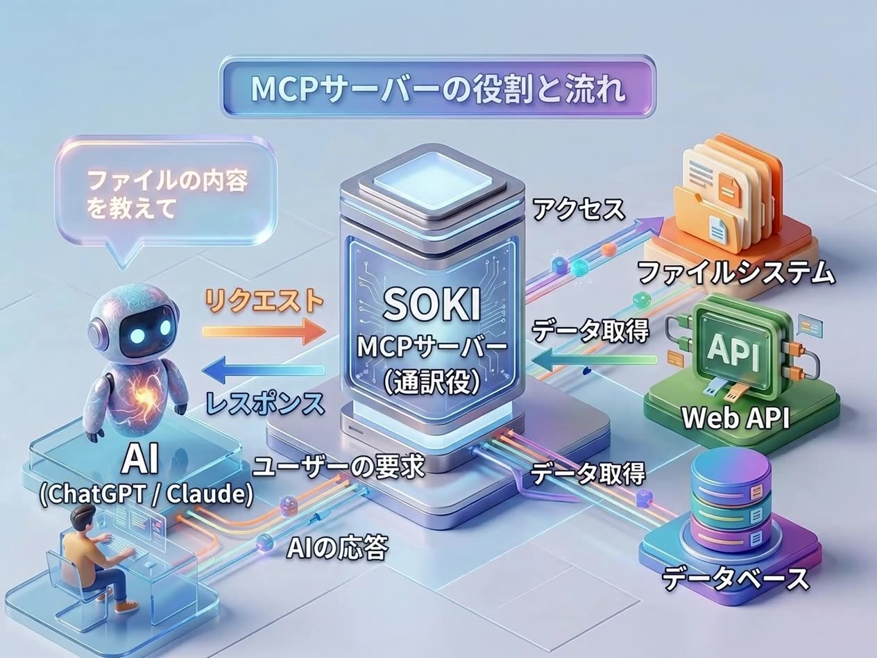MCPサーバーの役割と流れ：AI（ChatGPT / Claude）からのリクエストを SOKI MCPサーバーが通訳し、記憶などのデータを取得してレスポンスを返す図