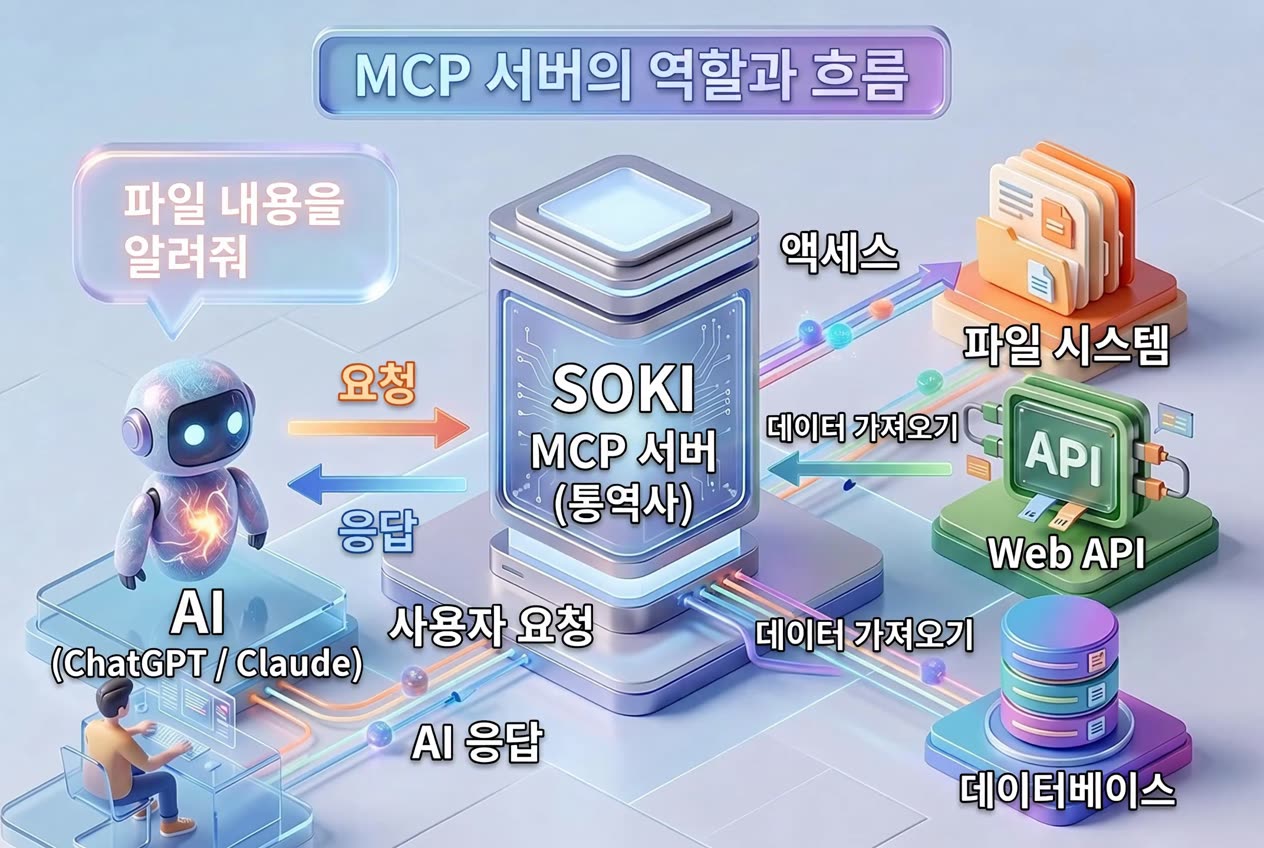 MCP 서버의 역할과 흐름: AI(ChatGPT / Claude)의 요청을 SOKI MCP 서버가 통역하고, 기억 등의 데이터를 가져와 응답을 돌려주는 그림